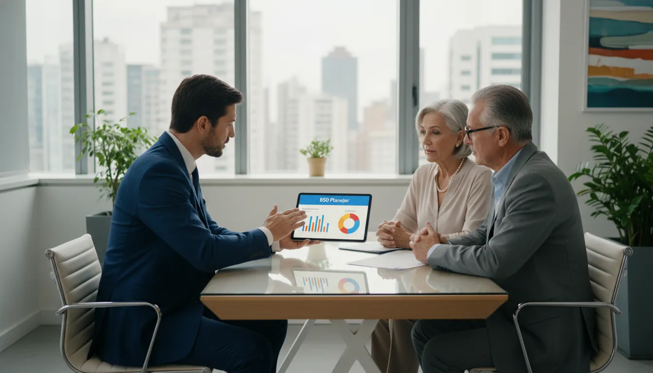 Casal idoso recebe consultoria sobre aposentadoria por tempo de contribuição INSS, com foco no planejamento financeiro.