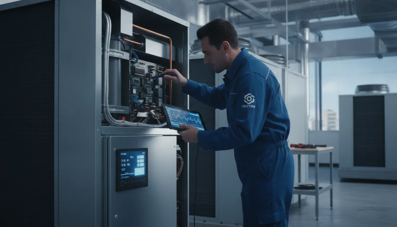 Técnico Veltter realiza manutenção em sistema self contained ar condicionado, garantindo eficiência e durabilidade.