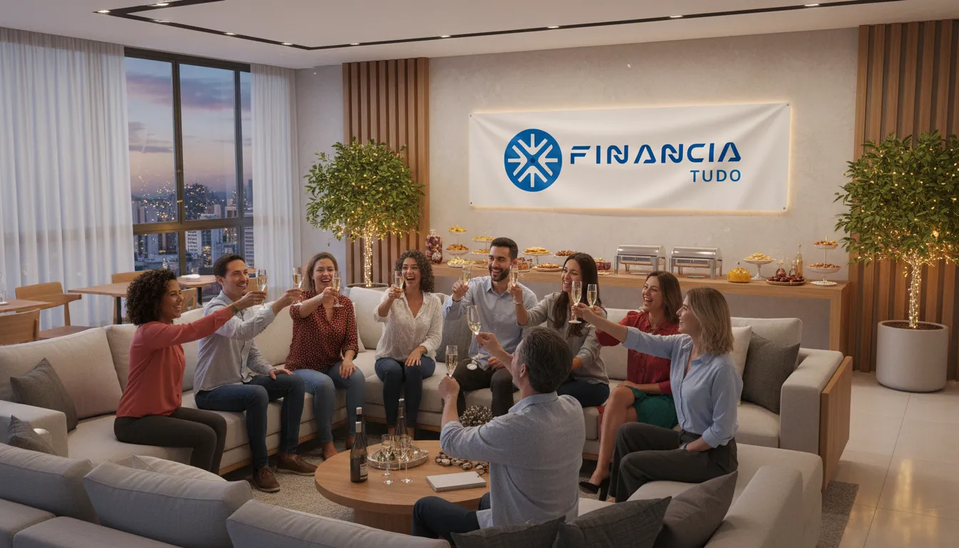 Moradores comemorando em área comum renovada do condomínio, com banner da Financia Tudo e crédito para condomínio.