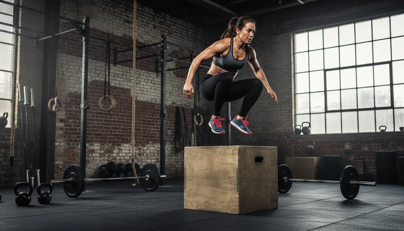 Mulher atlética executando um salto em caixa em treino de CrossFit. Consultar um personal trainer online é essencial para a técnica.