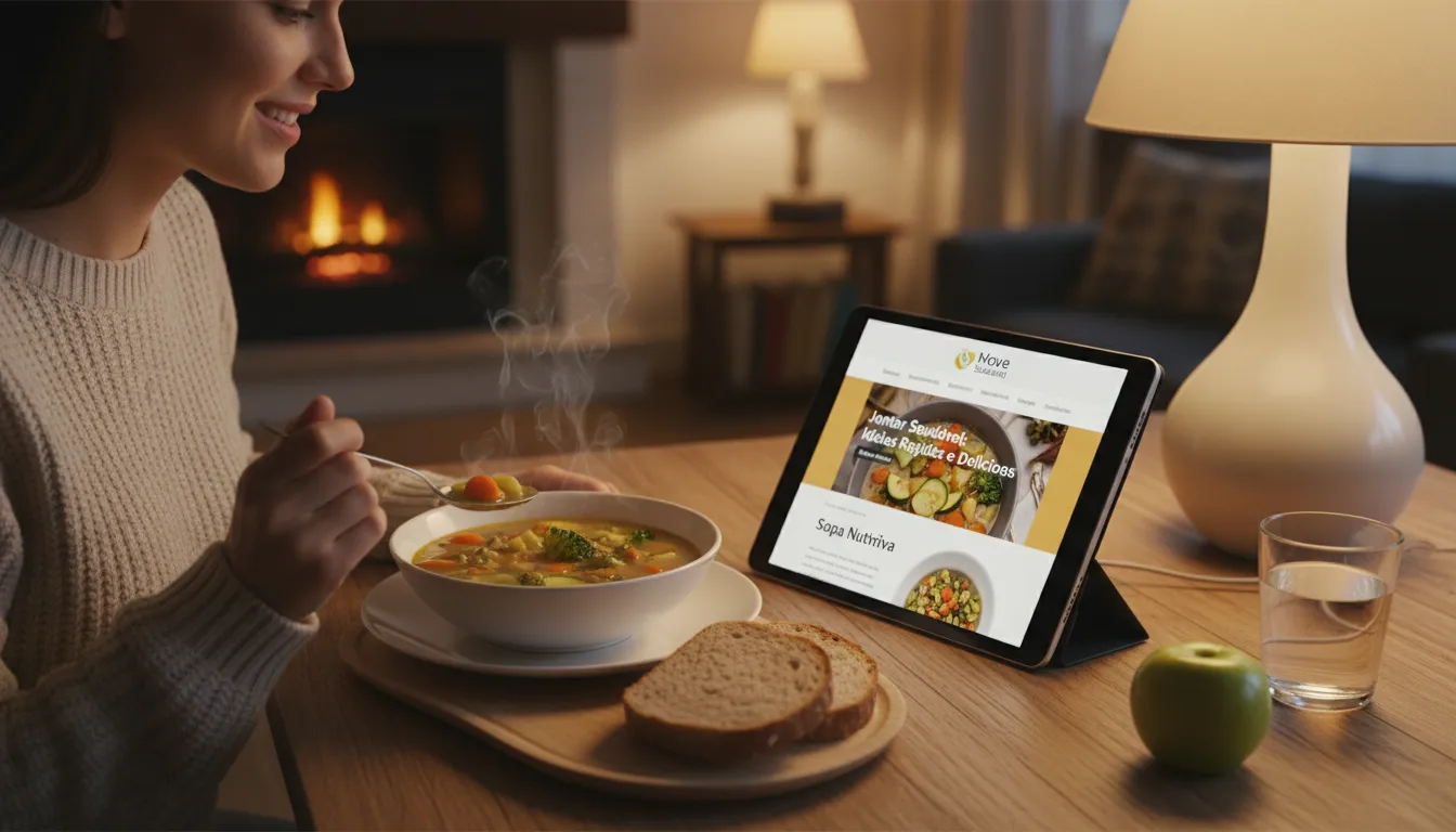 Uma pessoa saboreando uma sopa de legumes com pão integral, uma refeição reconfortante e saudável, perfeita para quem busca o que posso comer para um jantar saudavel.