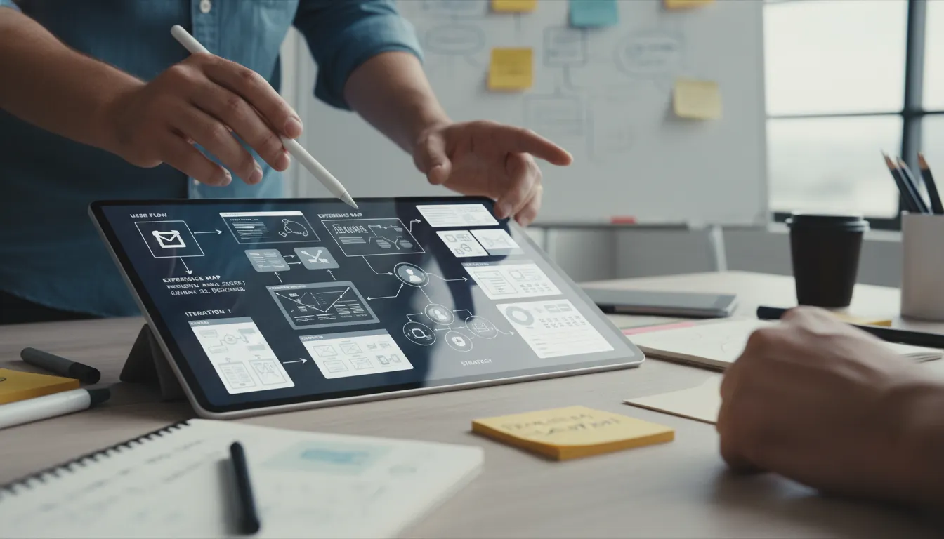 Por Que Ainda Precisa de Web Designer em 2026 (Mesmo Com IA) 1 Mãos desenhando wireframes e mapas de experiência do usuário, destacando criatividade e estratégia.