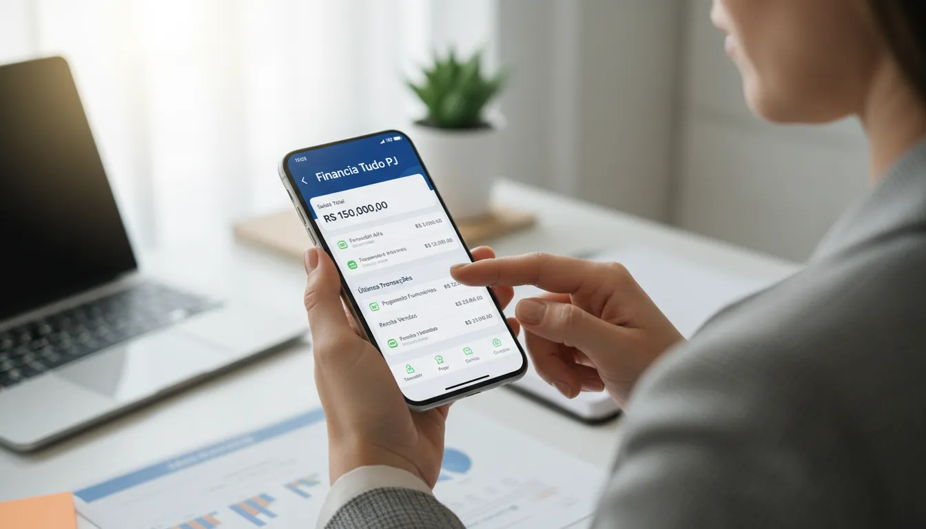 Um empresário usando um aplicativo móvel para gerenciar as finanças da empresa, destacando a facilidade dos bancos digitais para pj.
