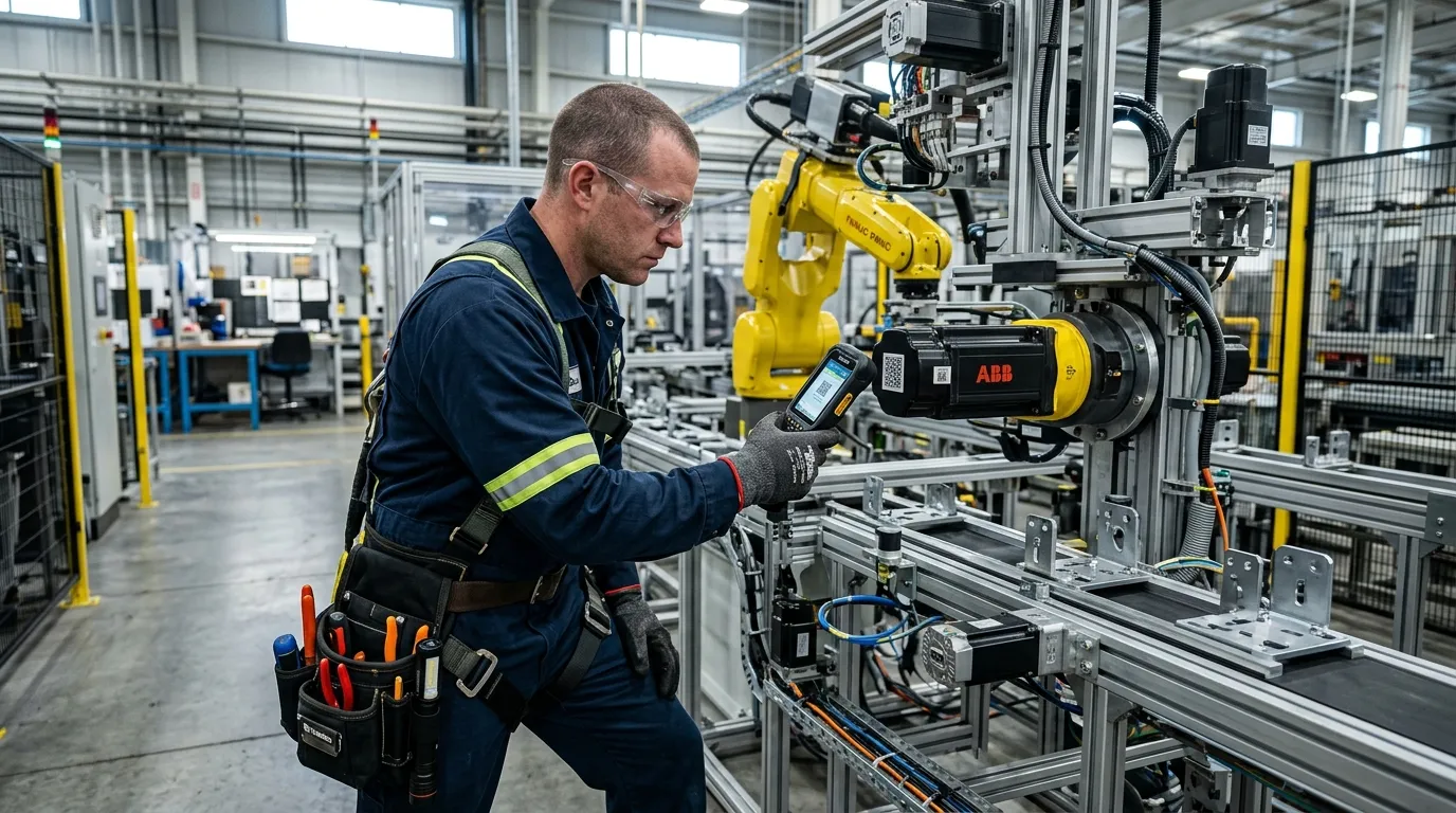 Técnico operando sistema de gerenciamento de manutenção com dispositivo móvel na indústria.