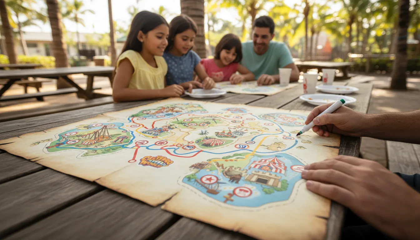 Mapa do Beto Carrero viagem exibindo rotas e pontos de interesse, como shows e restaurantes, com uma família planejando o percurso.