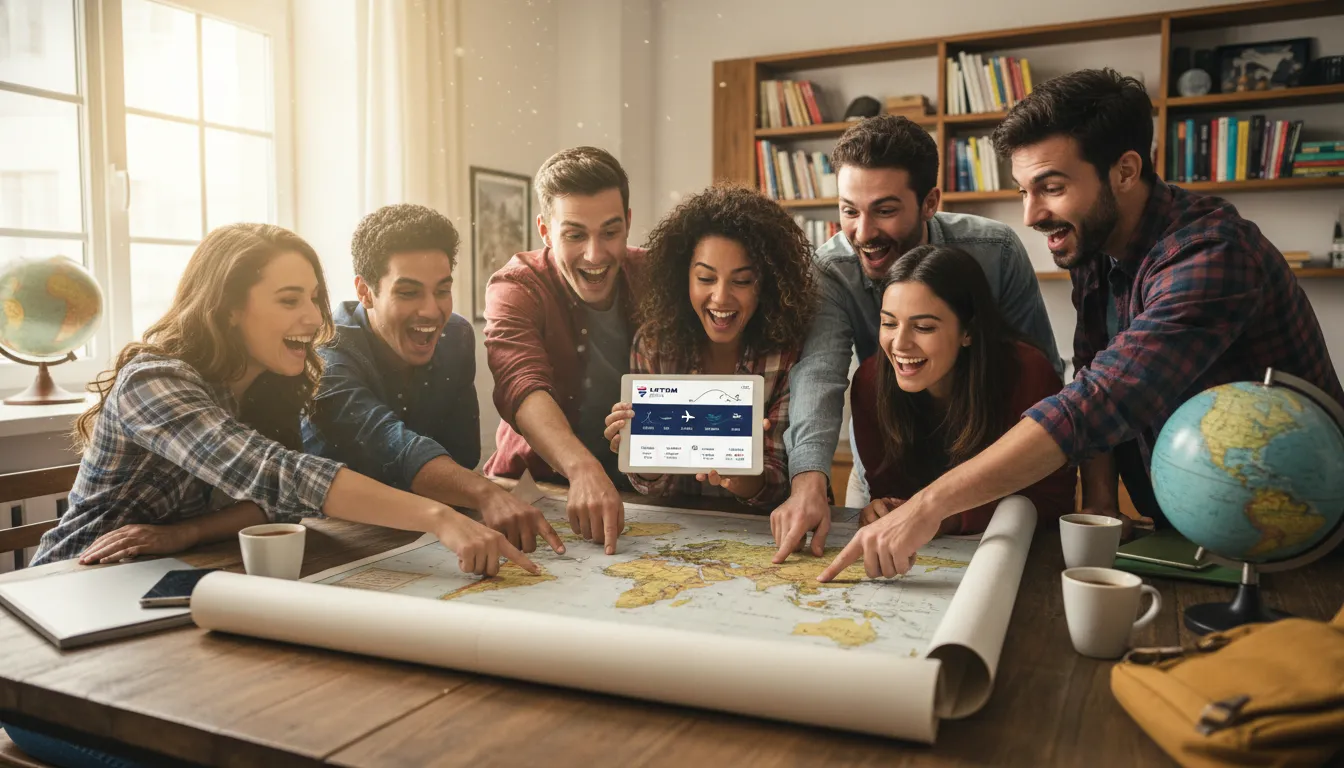 Grupo de amigos planejando viagem internacional usando resgate de milhas LATAM Pass.