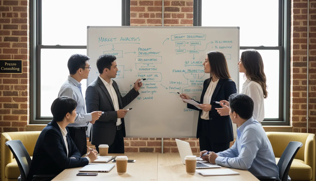 Grupo diverso de emprendedores en un espacio colaborativo, representando la ayuda de Prezzo Consulting en el proceso de como crear una empresa en usa siendo extranjero.