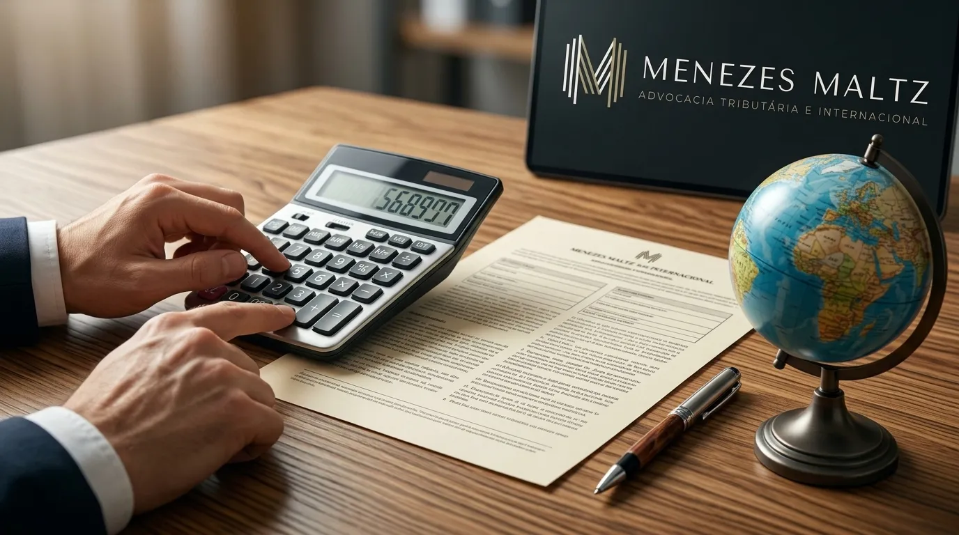 Cálculo sobre venda de imóvel no exterior ganho de capital em mesa de escritório.