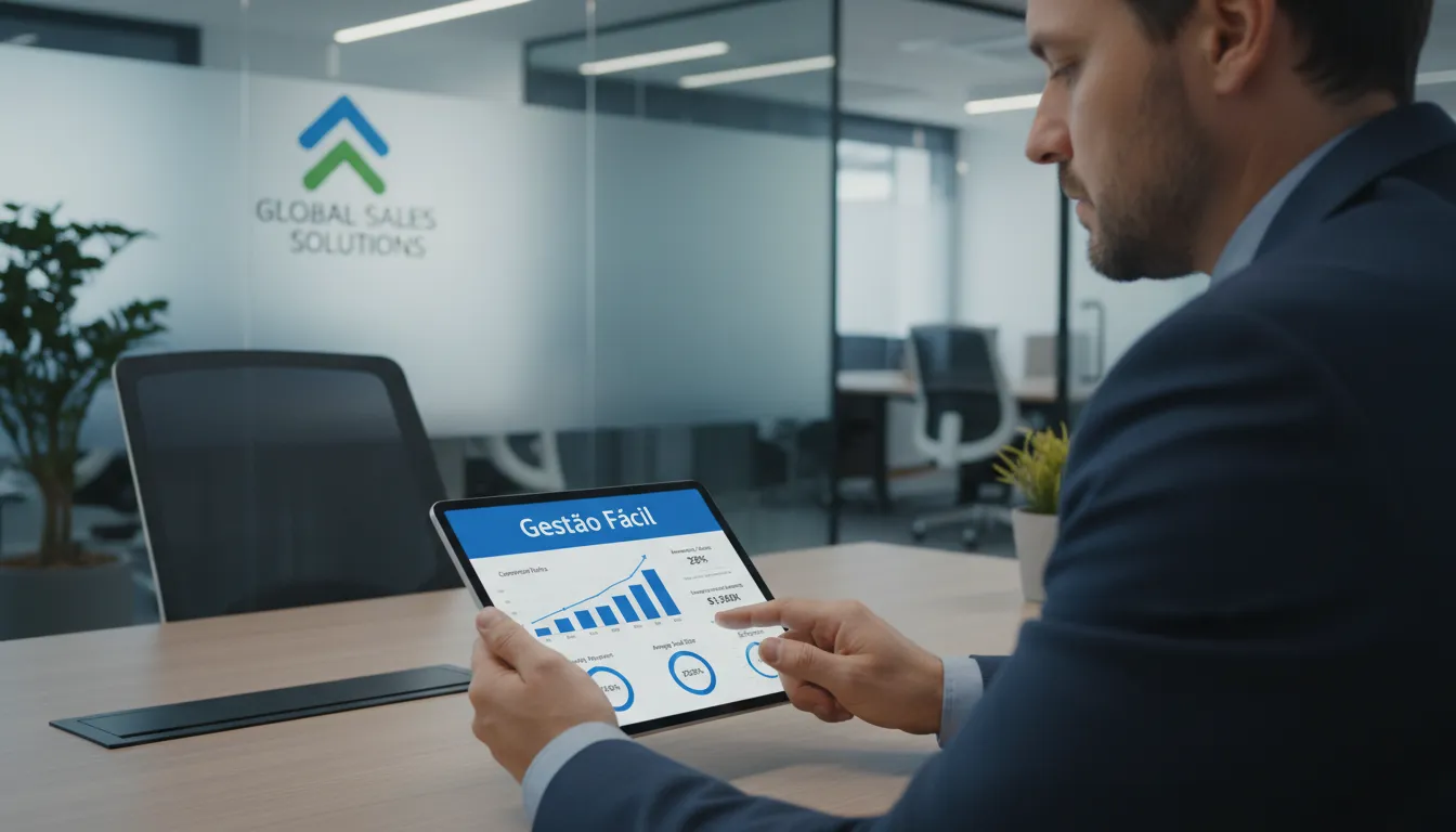 Gerente analisando KPIs de gestão de vendas em um tablet, destacando a facilidade do software da ASP Softwares na análise de desempenho.