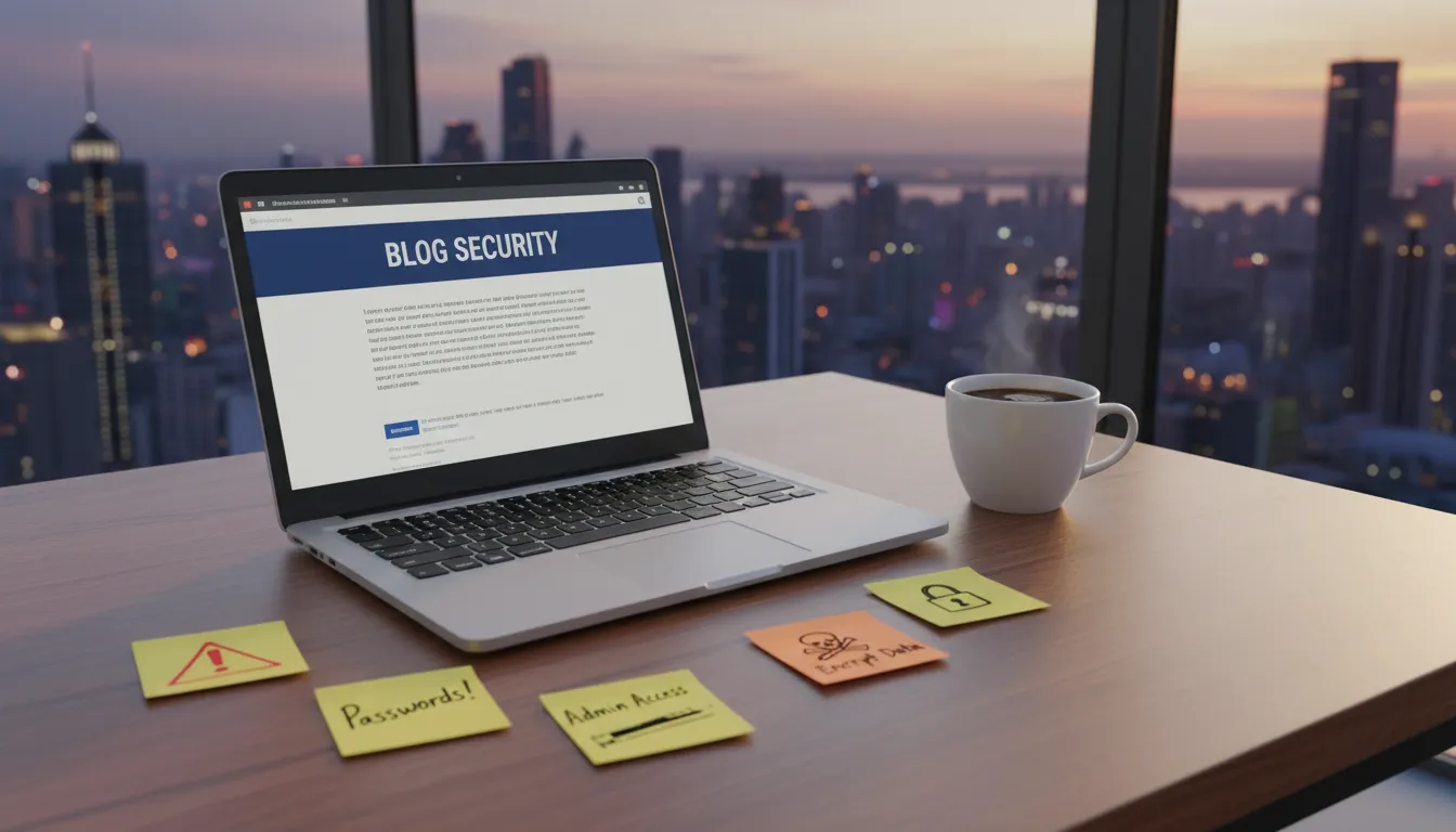 A vibrant workspace with a laptop showing a blog and notes on cybersecurity.