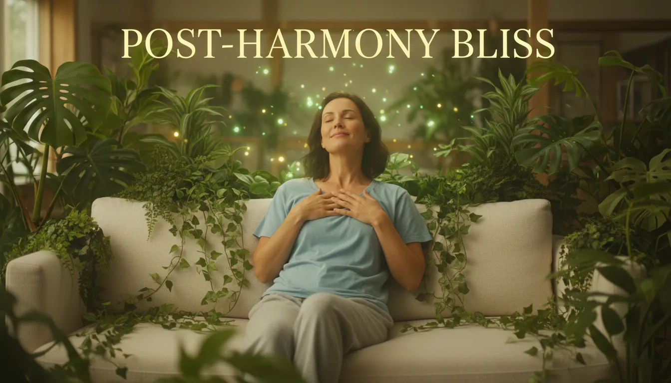 Mulher sorridente relaxada após sessão de mesa radiônica, com plantas e sensação de bem-estar