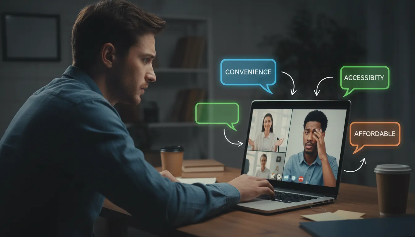 Ilustração realista de uma pessoa acessando as terapias online, destacando a conveniência, acessibilidade e preço acessível como vantagens do tratamento.