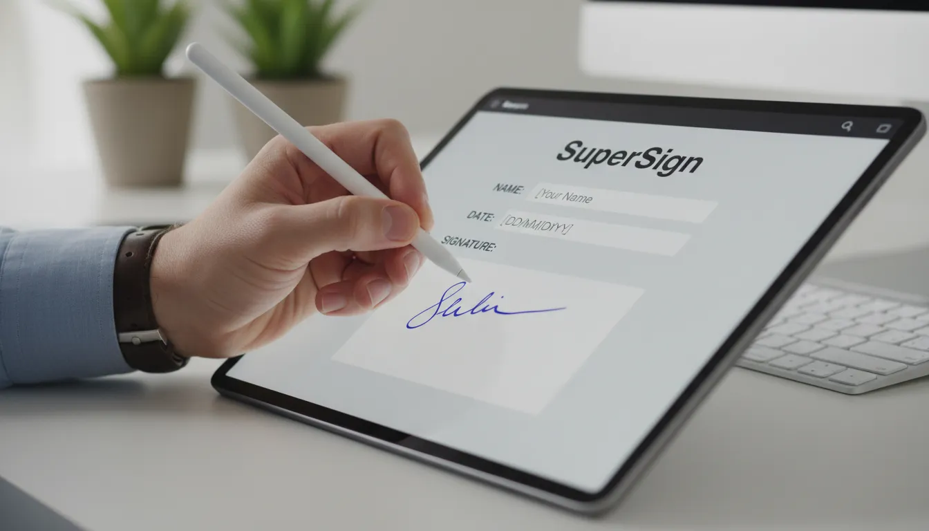 Detalhe de uma mão assinando uma folha de ponto digital em um tablet, demonstrando a eficiência da assinatura eletrônica da SuperSign.