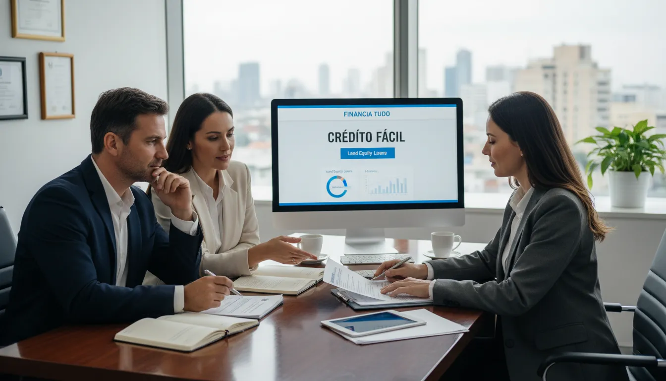Casal recebendo consultoria financeira para entender as opções de empréstimo com terreno em garantia, com o suporte da Financia Tudo.