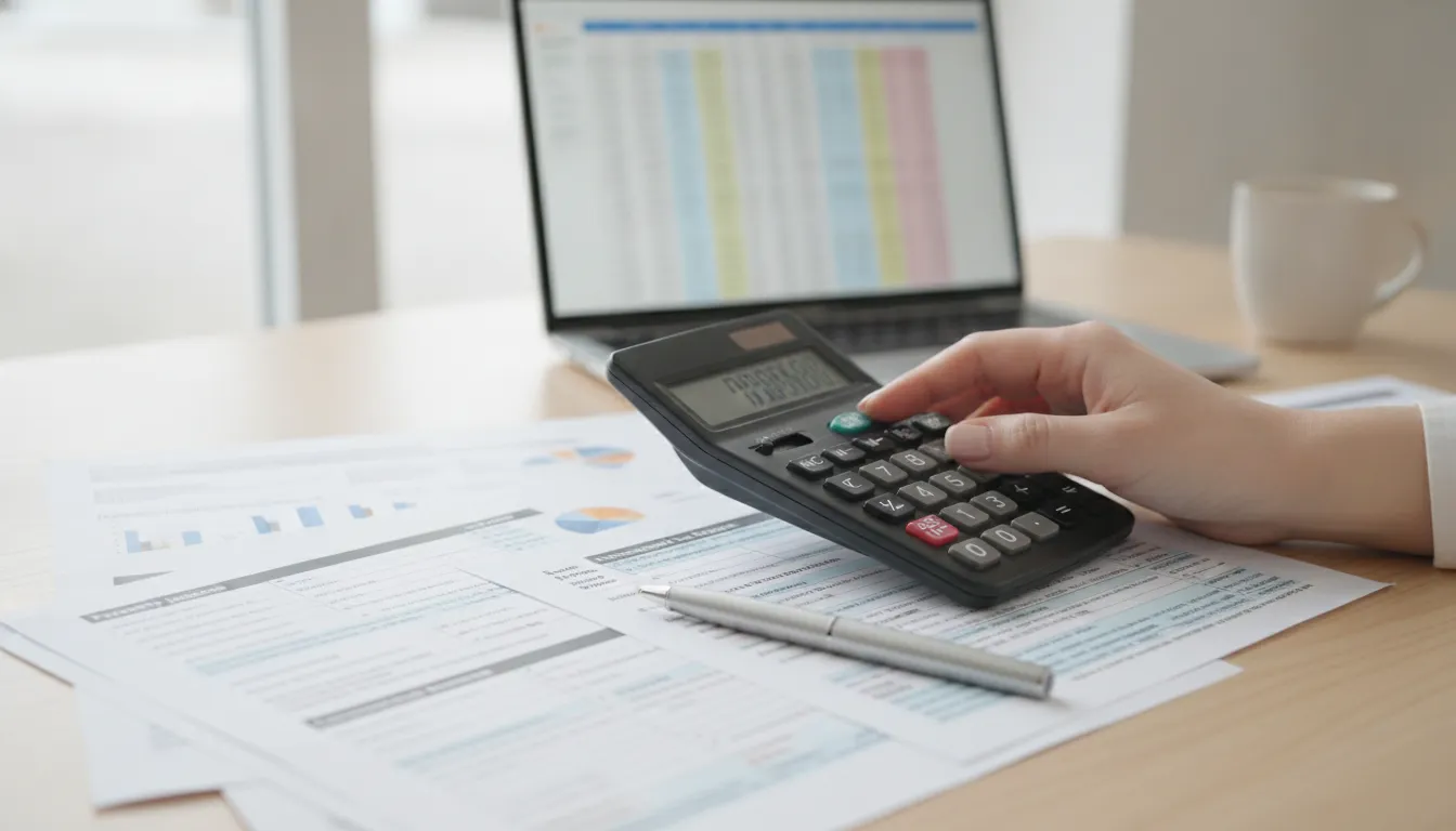 Mão calcula impostos airbnb host com calculadora, documentos fiscais e laptop em mesa organizada.