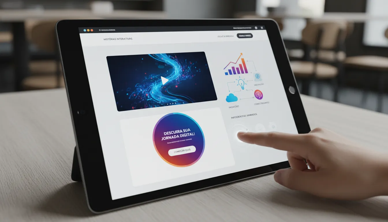 Tendências de Web Design 2026: O Que Vai Bombar 2 Tablet com site de storytelling interativo, vídeos curtos e infográficos animados em interface vibrante