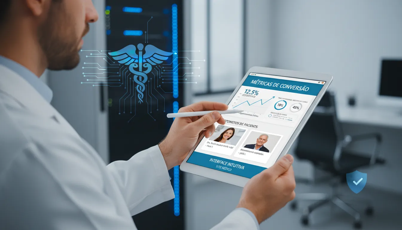 Site para Médico/Consultório em 2026: Compliance + Conversão 1 Médico com tablet analisando dados de conversão, depoimentos e interface intuitiva de site médico.