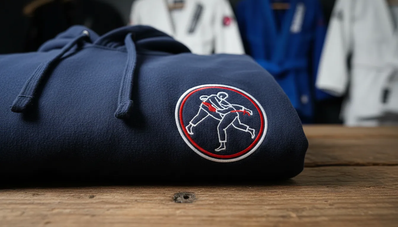 Close-up de um moletom jiu-jitsu azul marinho da OnFight com logo bordado.