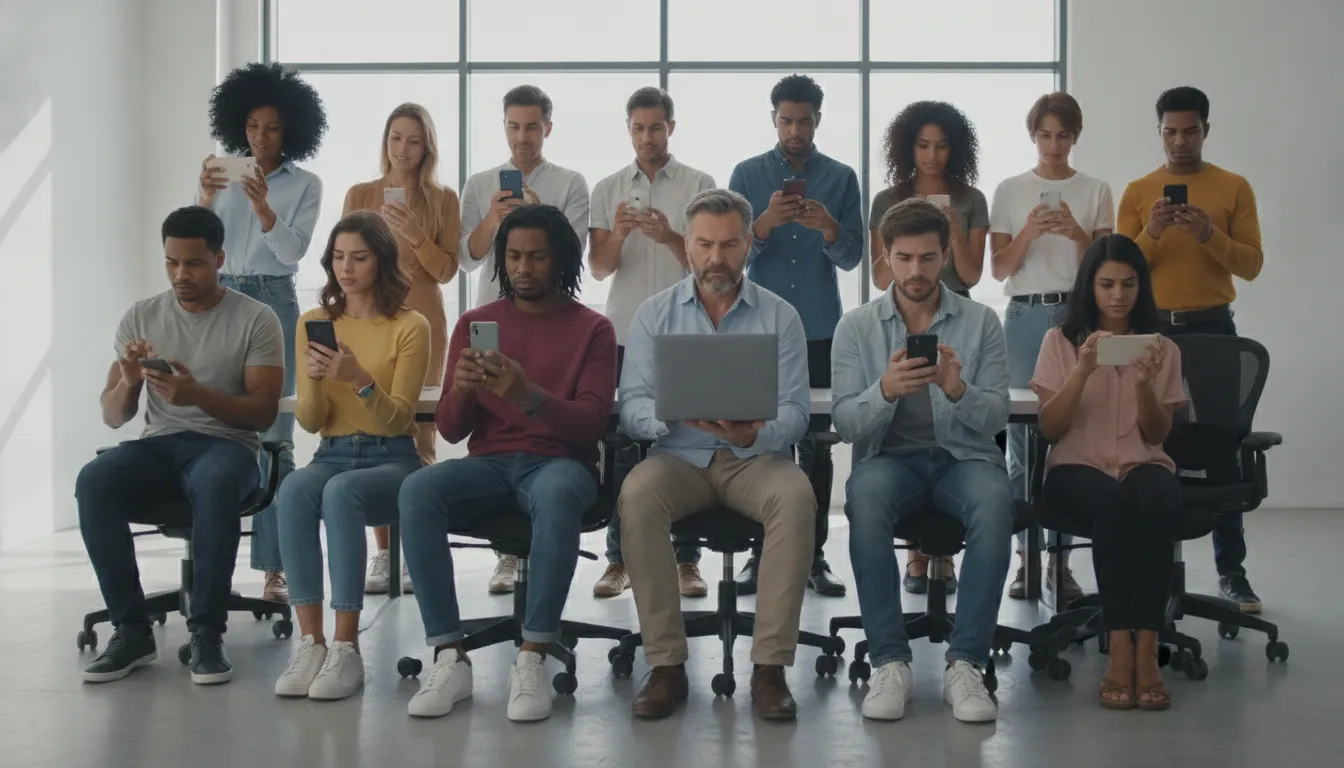 Grupo de pessoas olhando telas, exibindo sorrisos forçados, refletindo a pressão social pela felicidade e saúde mental.