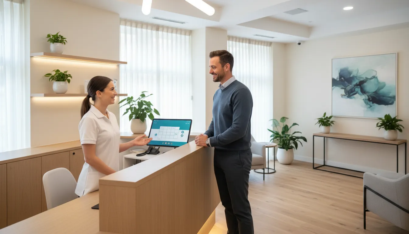 Recepção de clínica wellness com recepcionista auxiliando cliente e tablet mostrando configurações de mensagem de ausência whatsapp para agendamentos.