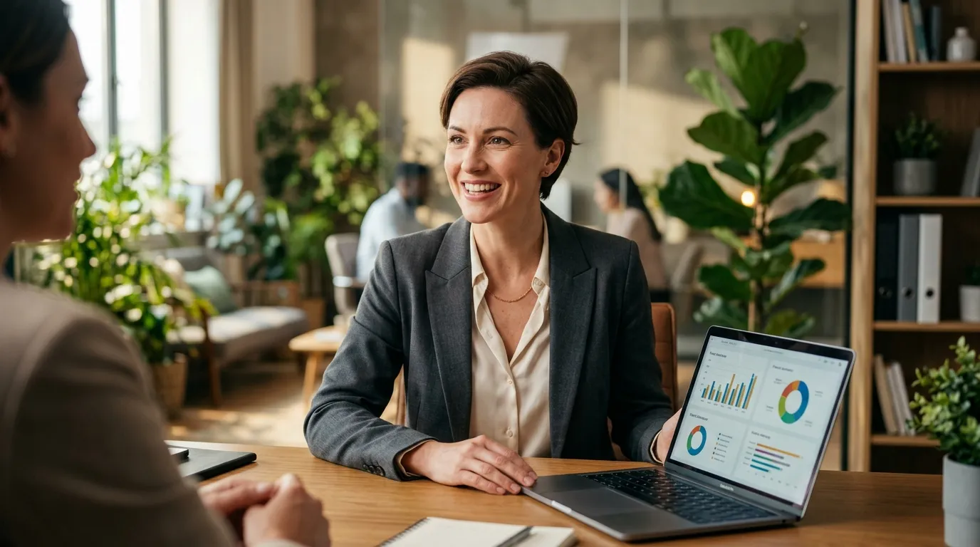 Consultora financeira sorridente demonstrando soluções de networking para negócios financeiros em seu notebook.