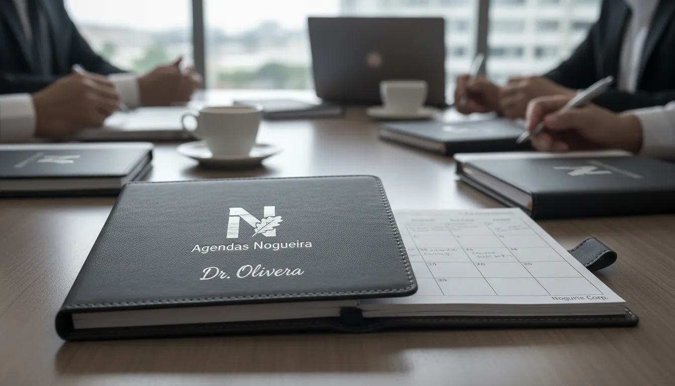 Participantes de uma reunião utilizando agendas personalizadas da Nogueira Brindes, com foco na customização.