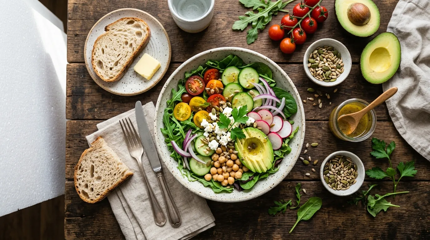 Composição em ângulo superior seguindo dicas para foto de comida em cenário rústico elegante.