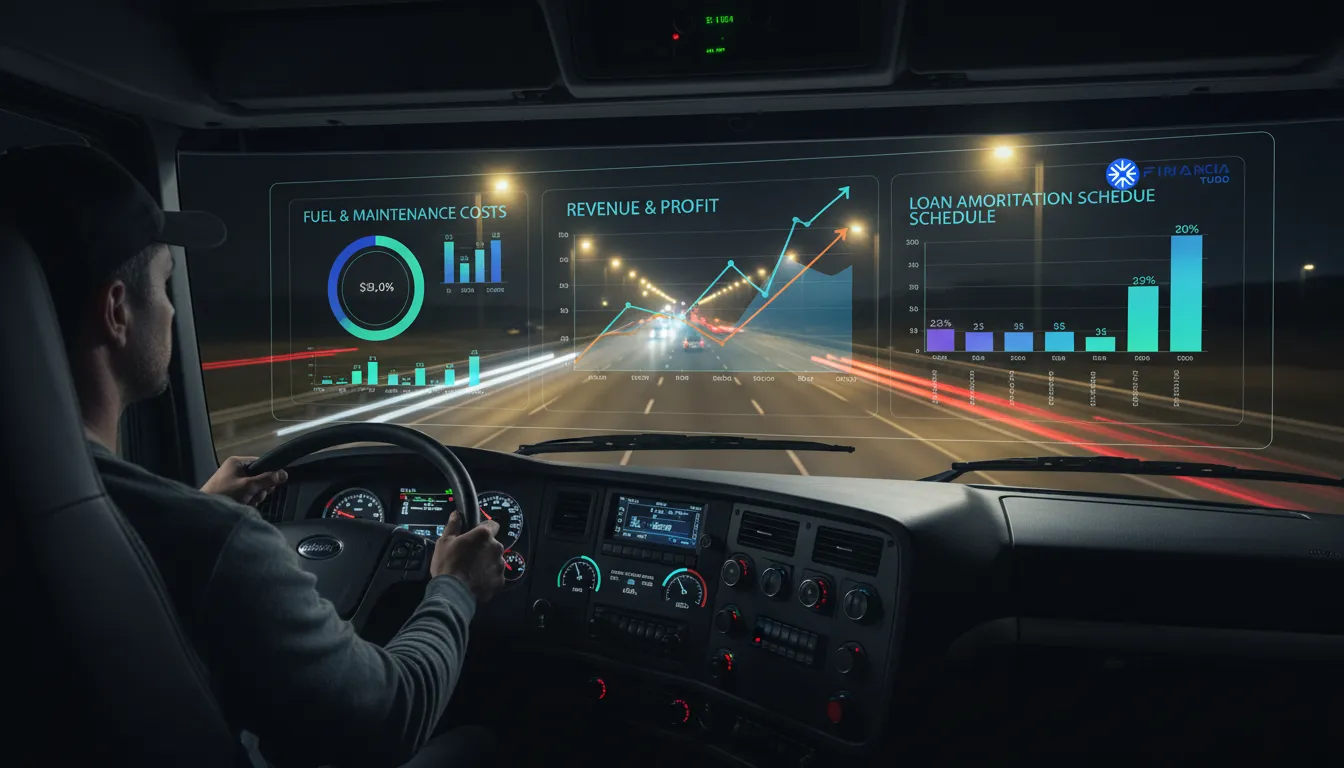 Interface digital mostrando opções de crédito para caminhoneiro e planejamento financeiro para otimizar custos.