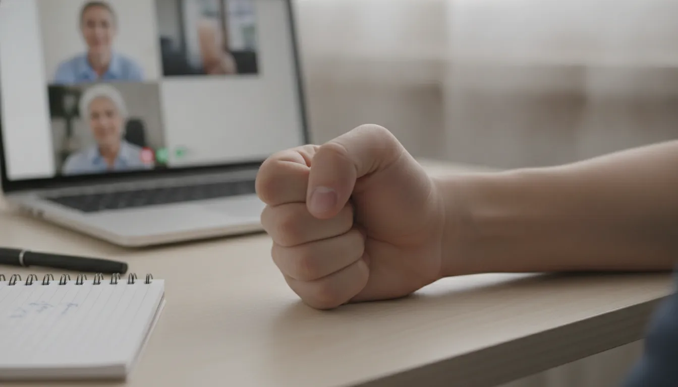 Mão de adolescente cerrada, sugerindo ansiedade durante sessão de terapia online.