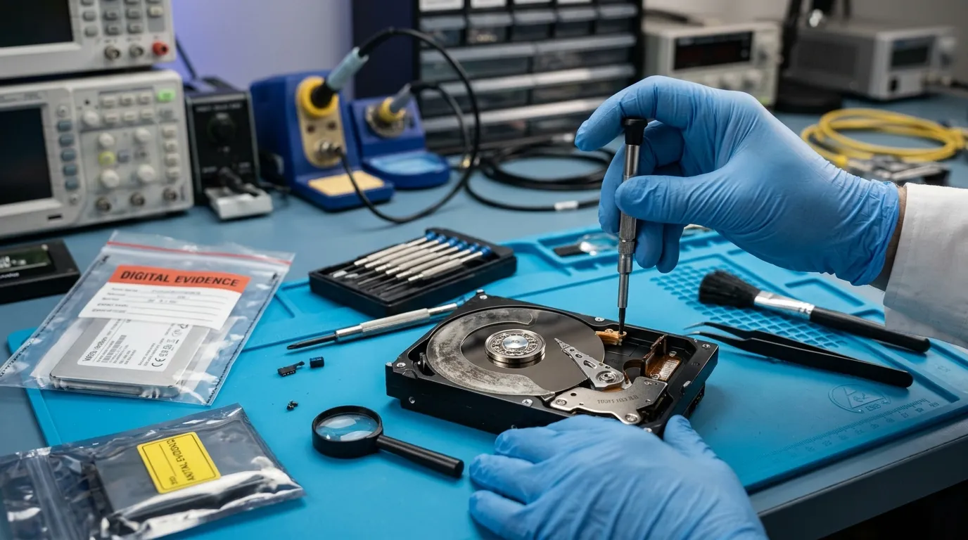 Perícia técnica coletando evidências em hardware durante auditoria forense computacional.