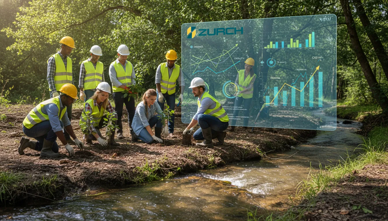 Profissionais em projeto de reflorestamento, com dados digitais sobre critérios e aplicação do icms ecológico. Foco na gestão ambiental.
