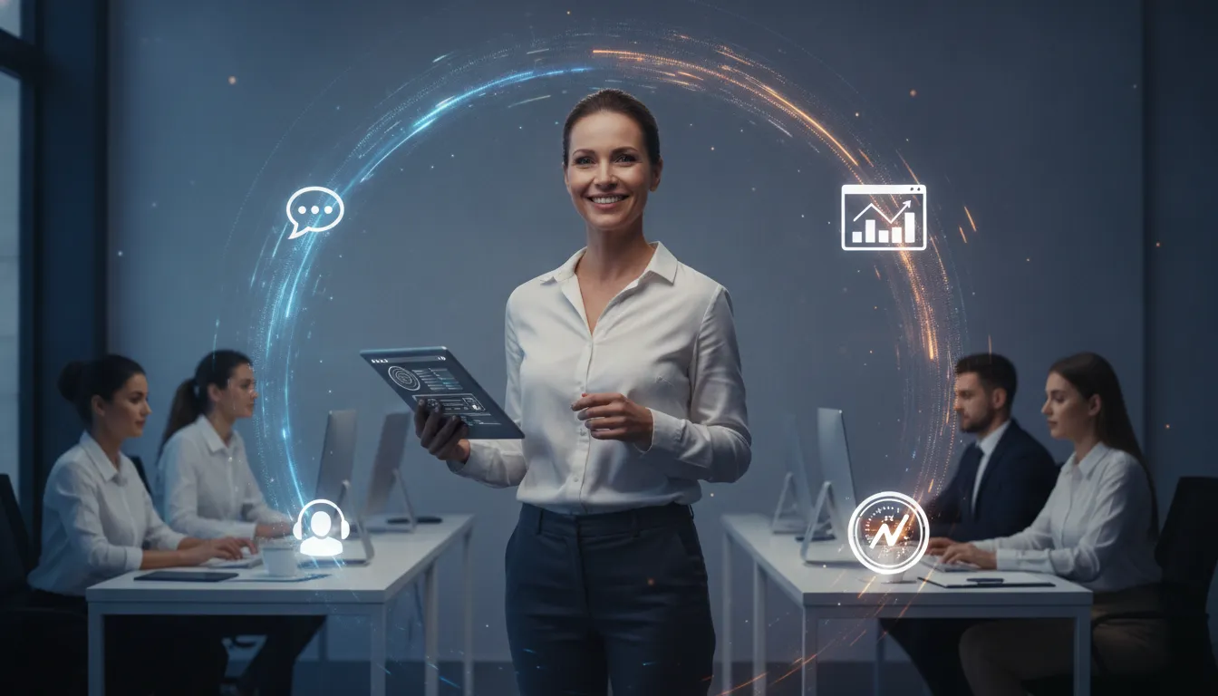 Empresário confiante com automação digital, mostrando como a velocidade otimiza processos e reduz custos.