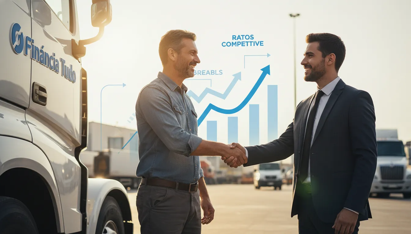Cliente satisfeito após aprovação de entrada financiamento caminhão, celebrando com representante da Financia Tudo.