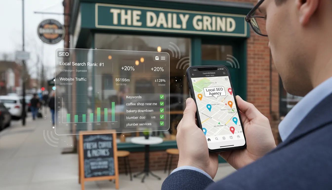 Usuário interagindo com SEO local em dispositivo móvel em ambiente urbano