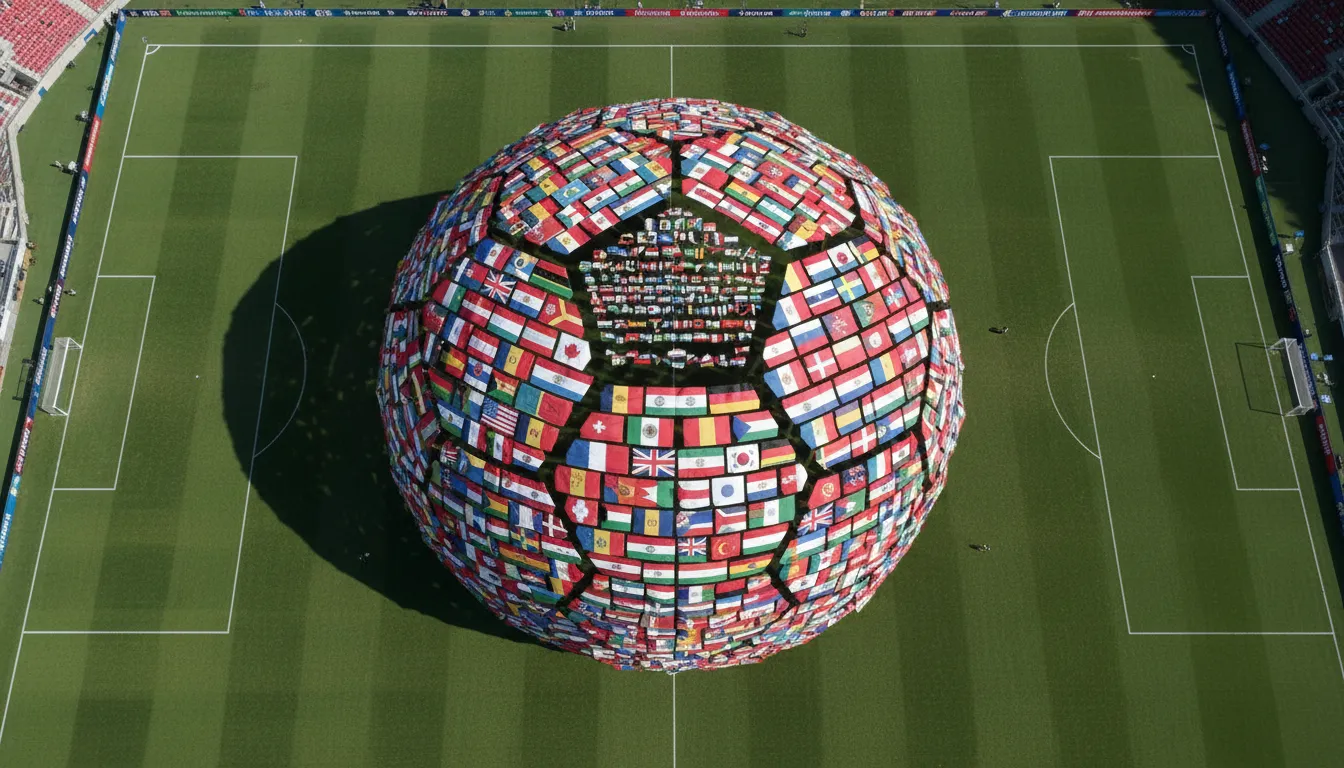 Visão aérea da exibição meticulosa das bandeiras copa do mundo 2026, formando uma bola de futebol gigante em um campo verde.