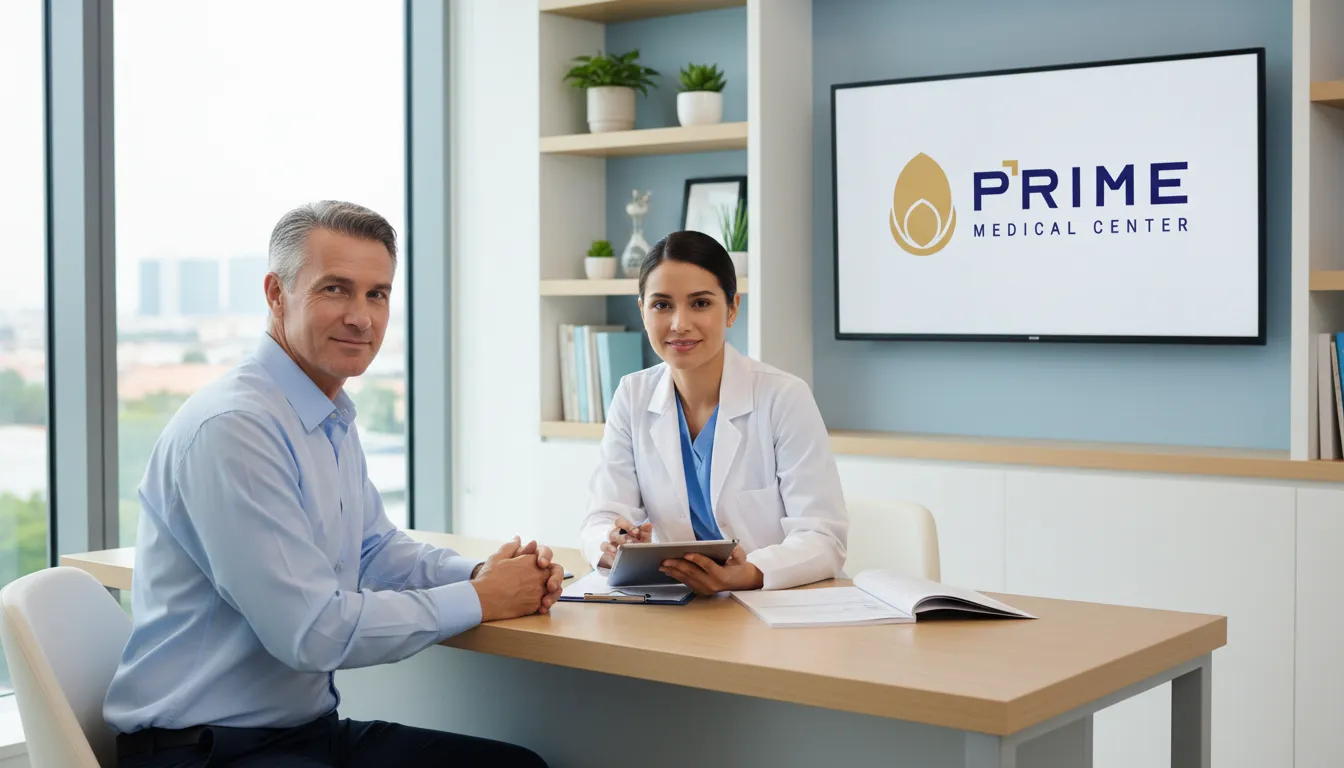 Consulta médica para diagnóstico e tratamento da andropausa, destacando a importância do acompanhamento profissional.