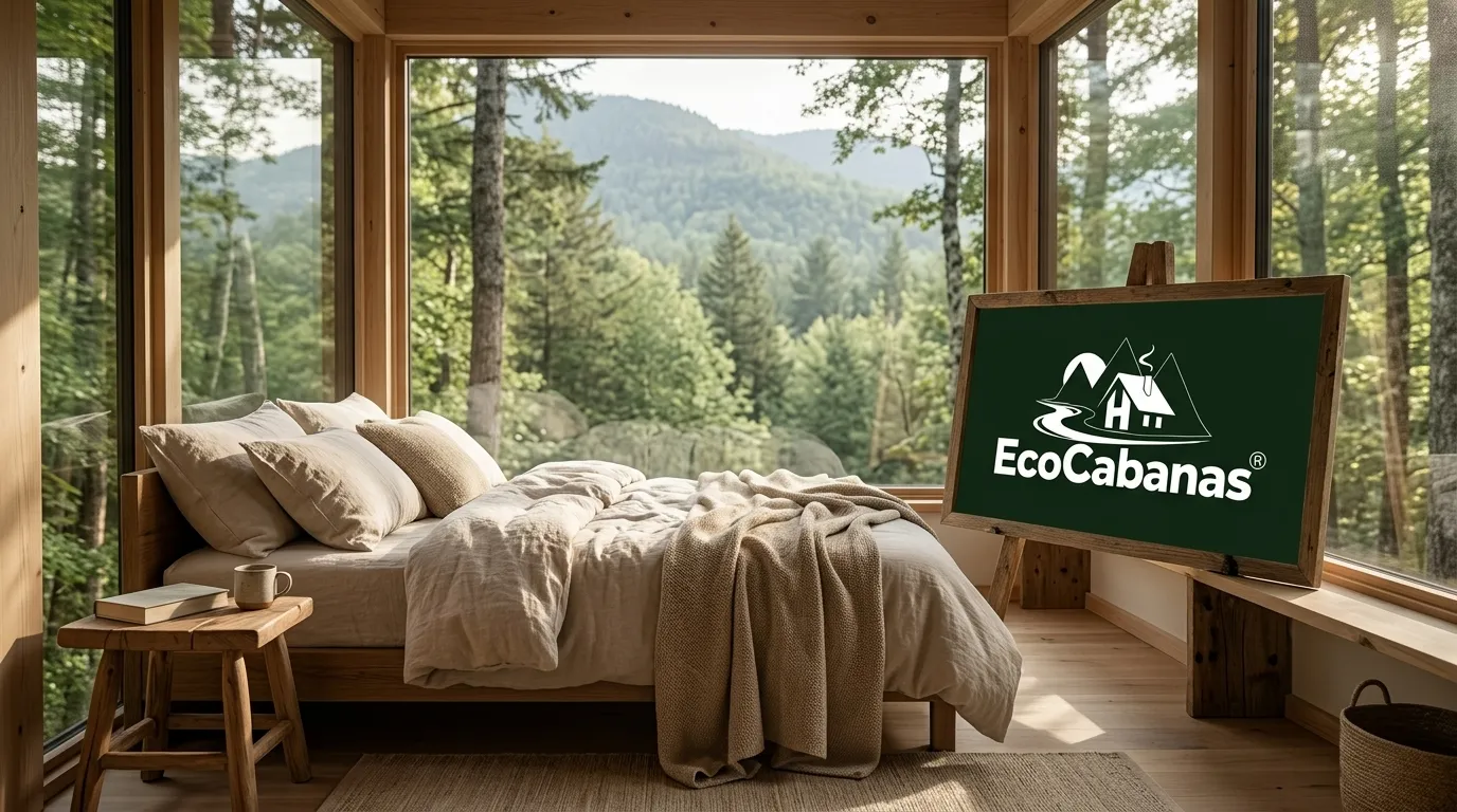 Interior aconchegante de uma casa na árvore com vista para a floresta.
