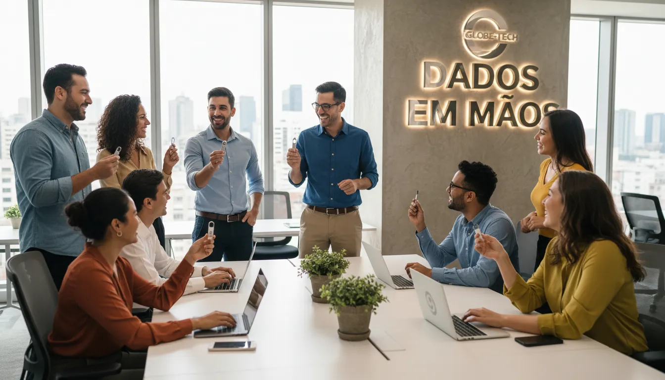 Profissionais em ambiente de escritório colaborando e utilizando pen drives personalizados com logos de empresas, demonstrando o impacto dos brindes corporativos.