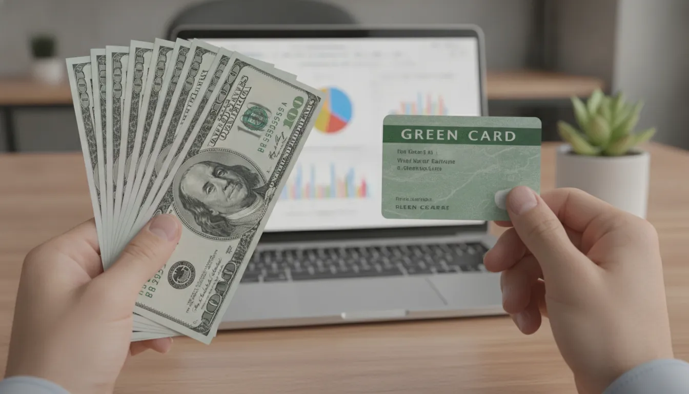 Mãos segurando dólares e green card por investimento EB-5, simbolizando sucesso financeiro e imigração.