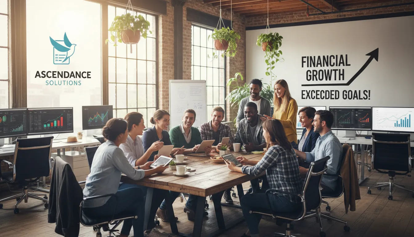 Equipe de pequena empresa comemorando a reorganização financeira e a saúde do negócio após renegociação.