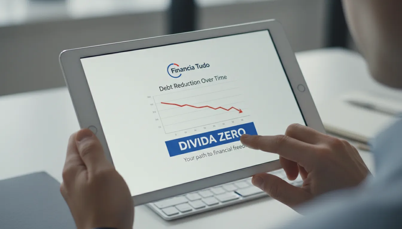 Mão usando tablet com gráfico mostrando a redução de dívida ao longo do tempo. App Financia Tudo auxilia no processo de como sair das dívidas.