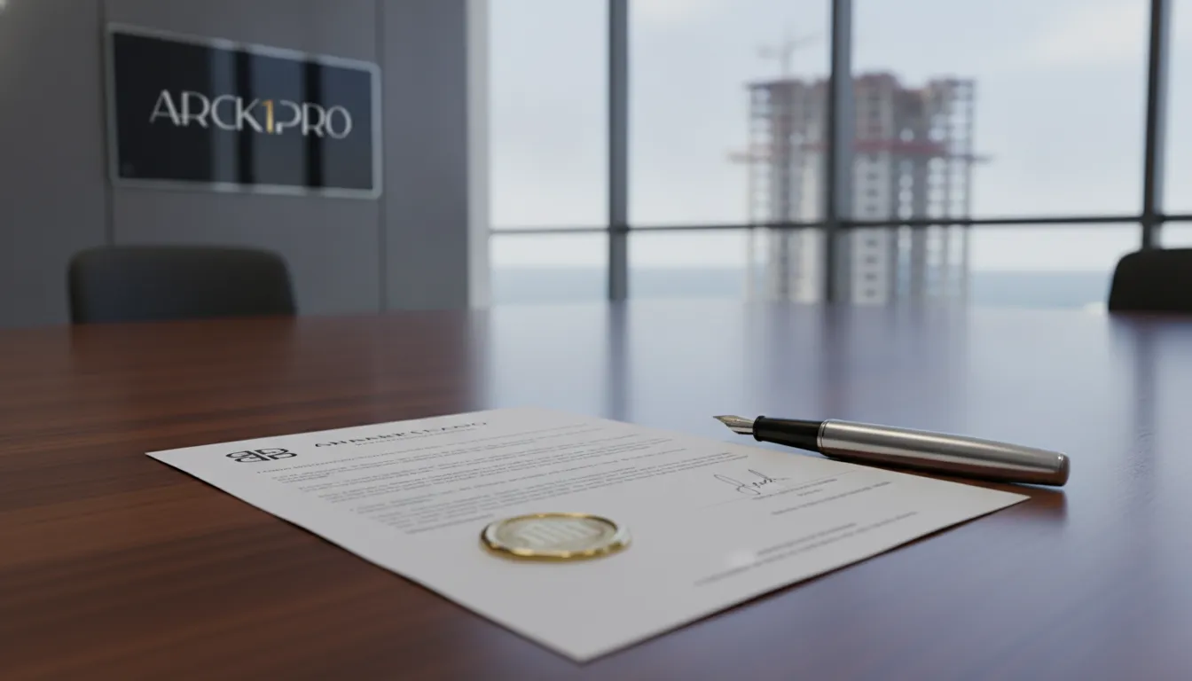 Documento legal com selo sobre mesa, com vista de prédio em construção, representando garantia em investimento imobiliário.
