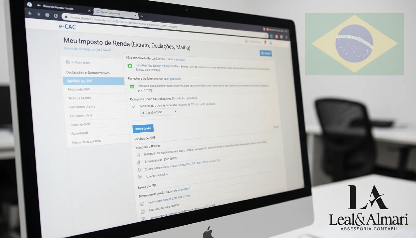 Detalhe da tela do e-CAC imposto de renda, com foco na interface do sistema da Receita Federal do Brasil.