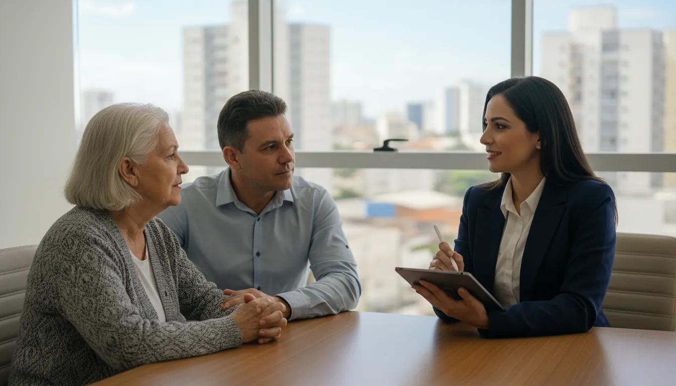 Advogado em Birigui ouvindo clientes atentamente em consulta, oferecendo soluções jurídicas personalizadas.