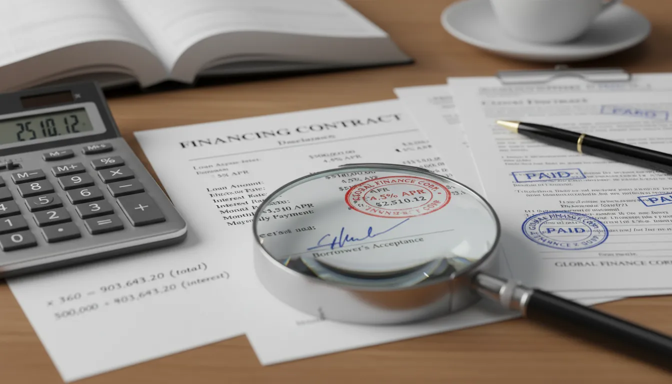 Documentos de financiamento e cálculo de juros em revisão detalhada