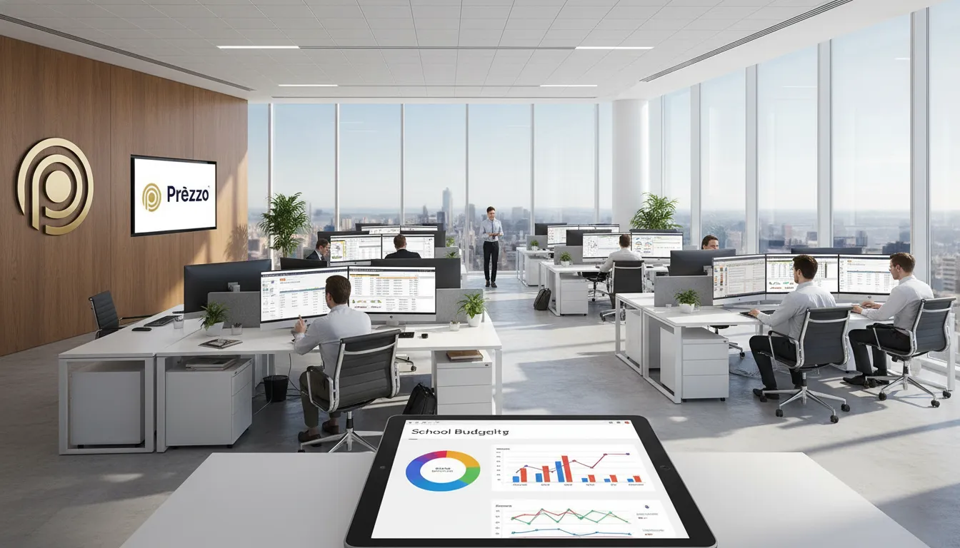 Visão panorâmica de um Escritório de Contabilidade Especializado em Escolas moderno e eficiente com diversos contadores.