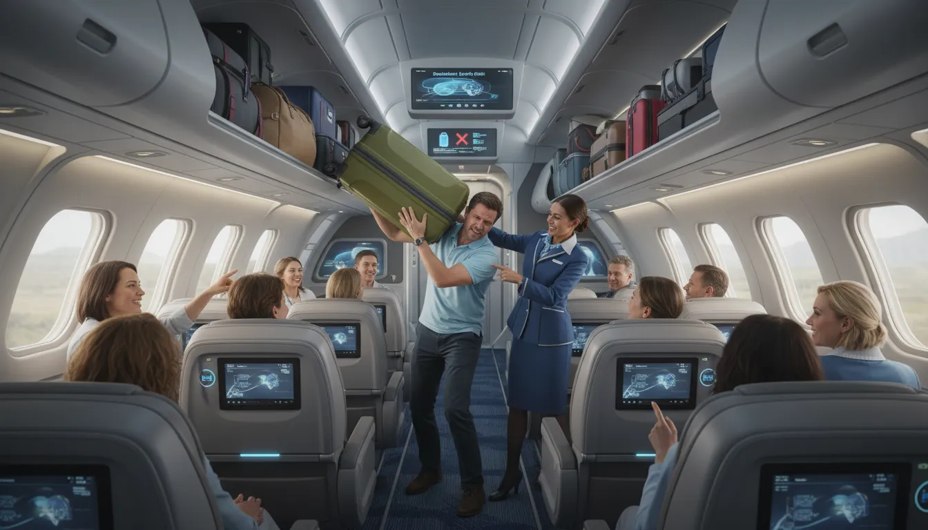 Dificuldade em encaixar bagagem de mão regras muito grandes nos compartimentos internos de um avião moderno em 2026, com assistência de comissário de bordo.