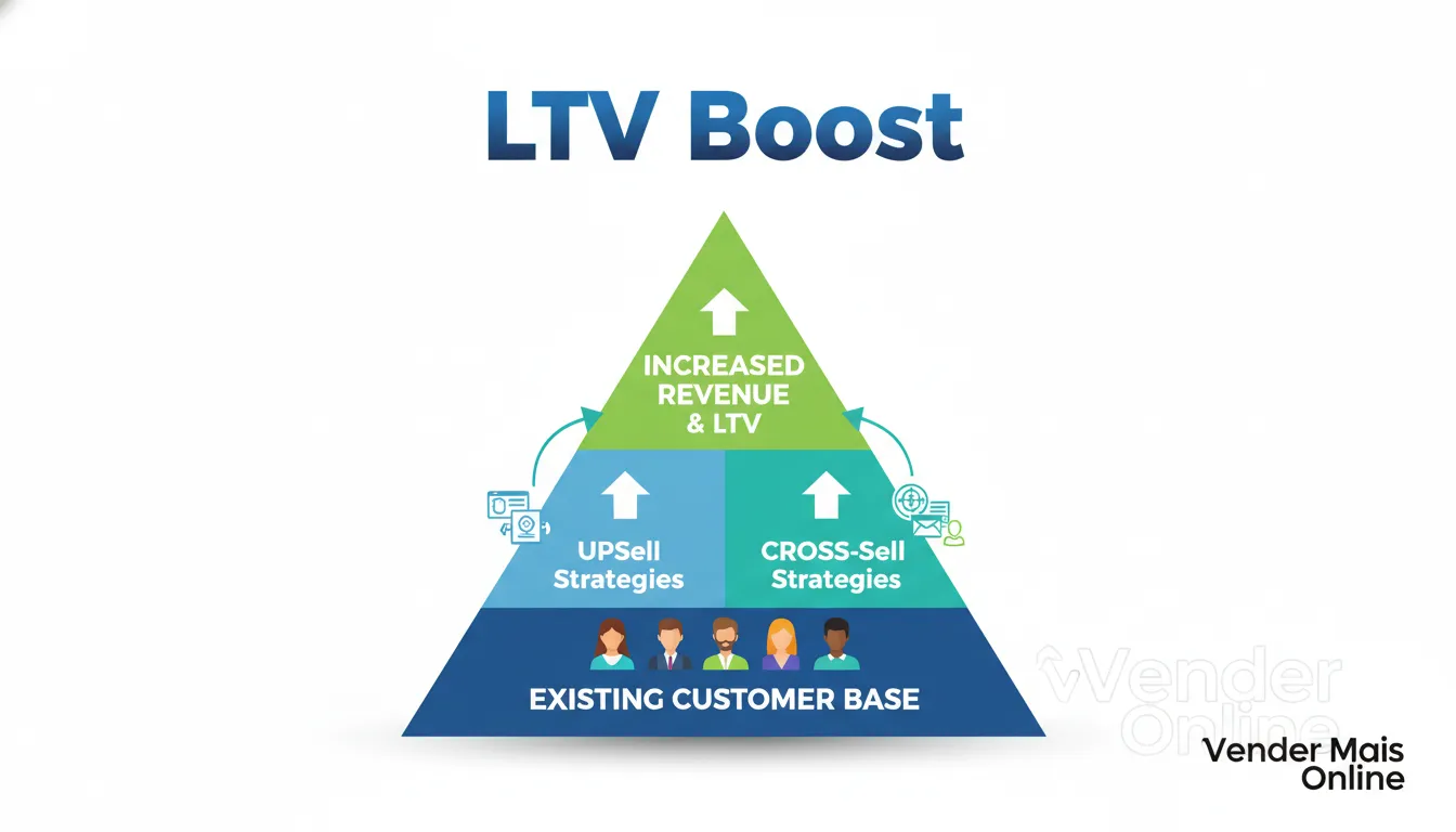 Infográfico demonstrando o impacto do upsell e cross-sell no aumento do LTV e otimização da base de clientes, com foco em estratégias de retenção e ofertas personalizadas.