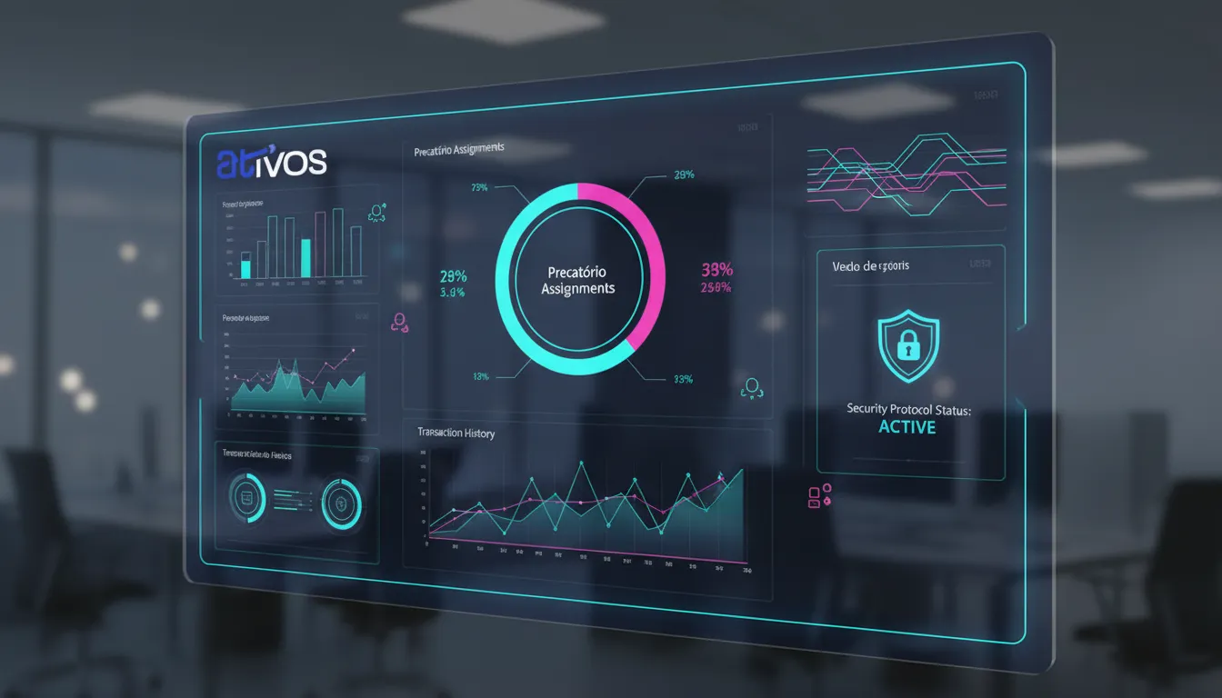 Interface digital mostrando dados de precatórios, ilustrando o conceito de cessionário o que é com segurança e tecnologia.