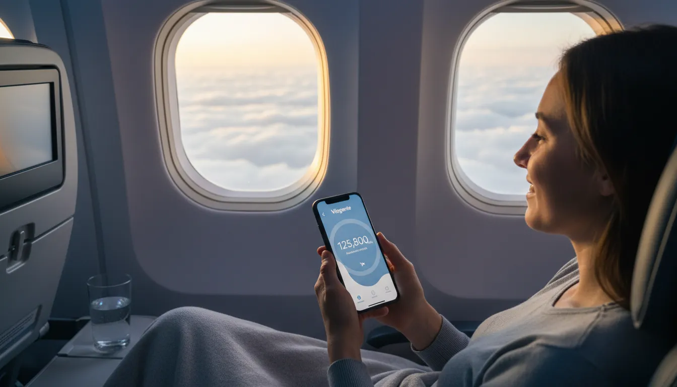 Passageiro relaxando em um voo, usando o app da Viagente para verificar seu saldo de milhas. Representação visual de como funcionam milhas para viagens.